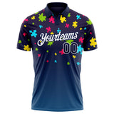 Custom Navy White 3D Pattern Design Autism Supporter Awareness Puzzle Pieces Performance Golf Polo Shirt