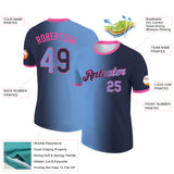 Custom Navy Light Blue-Pink Gradient Fashion Performance T-Shirt