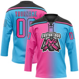 Custom Sky Blue Pink-Black Gradient Fashion Hockey Lace Neck Jersey