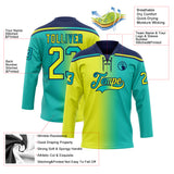 Custom Aqua Neon Yellow-Navy Gradient Fashion Hockey Lace Neck Jersey