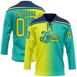 Custom Aqua Neon Yellow-Navy Gradient Fashion Hockey Lace Neck Jersey