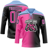 Custom Black Pink-Light Blue Gradient Fashion Hockey Lace Neck Jersey