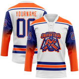 Custom White Royal-Orange Gradient Sleeves Lace Neck Hockey Jersey