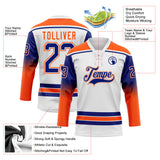 Custom White Royal-Orange Gradient Sleeves Lace Neck Hockey Jersey