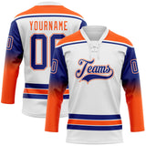 Custom White Royal-Orange Gradient Sleeves Lace Neck Hockey Jersey