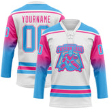 Custom White Sky Blue-Pink Gradient Sleeves Lace Neck Hockey Jersey