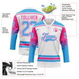 Custom White Sky Blue-Pink Gradient Sleeves Lace Neck Hockey Jersey
