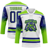 Custom White Royal-Neon Green Gradient Sleeves Lace Neck Hockey Jersey