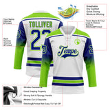 Custom White Royal-Neon Green Gradient Sleeves Lace Neck Hockey Jersey