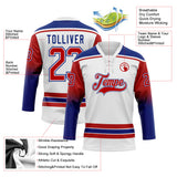 Custom White Red-Royal Gradient Sleeves Lace Neck Hockey Jersey
