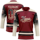 Custom Crimson Vintage USA Flag Black-Cream Gradient Sleeves Lace Neck Hockey Jersey