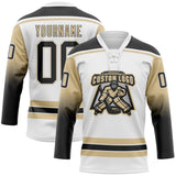 Custom White Black-Vegas Gold Gradient Sleeves Lace Neck Hockey Jersey
