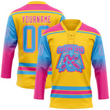 Custom Yellow Sky Blue Pink-White Gradient Sleeves Lace Neck Hockey Jersey