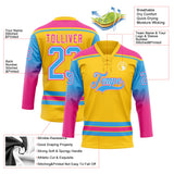 Custom Yellow Sky Blue Pink-White Gradient Sleeves Lace Neck Hockey Jersey