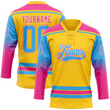 Custom Yellow Sky Blue Pink-White Gradient Sleeves Lace Neck Hockey Jersey