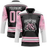 Custom Black Light Pink-White Gradient Sleeves Lace Neck Hockey Jersey