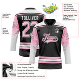 Custom Black Light Pink-White Gradient Sleeves Lace Neck Hockey Jersey