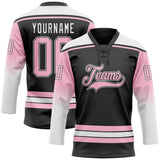 Custom Black Light Pink-White Gradient Sleeves Lace Neck Hockey Jersey