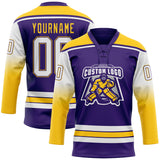 Custom Purple White-Yellow Gradient Sleeves Lace Neck Hockey Jersey