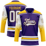 Custom Purple White-Yellow Gradient Sleeves Lace Neck Hockey Jersey