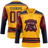 Custom Gold Crimson Navy-White Gradient Sleeves Lace Neck Hockey Jersey