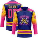 Custom Royal Pink Yellow-White Gradient Sleeves Lace Neck Hockey Jersey
