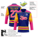 Custom Royal Pink Yellow-White Gradient Sleeves Lace Neck Hockey Jersey