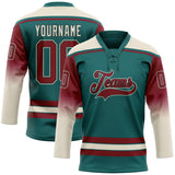 Custom Teal Crimson Cream-Black Gradient Sleeves Lace Neck Hockey Jersey