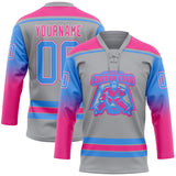 Custom Gray Powder Blue Pink-White Gradient Sleeves Lace Neck Hockey Jersey