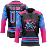 Custom Black Powder Blue Pink-White Gradient Sleeves Lace Neck Hockey Jersey