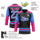 Custom Black Powder Blue Pink-White Gradient Sleeves Lace Neck Hockey Jersey