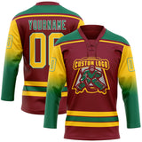 Custom Crimson Yellow Kelly Green-White Gradient Sleeves Lace Neck Hockey Jersey