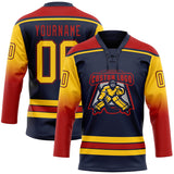Custom Navy Yellow-Red Gradient Sleeves Lace Neck Hockey Jersey