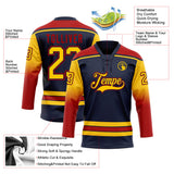 Custom Navy Yellow-Red Gradient Sleeves Lace Neck Hockey Jersey