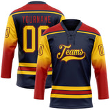 Custom Navy Yellow-Red Gradient Sleeves Lace Neck Hockey Jersey