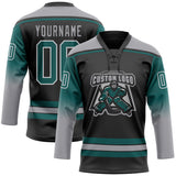 Custom Black Teal Gray-White Gradient Sleeves Lace Neck Hockey Jersey