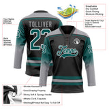 Custom Black Teal Gray-White Gradient Sleeves Lace Neck Hockey Jersey