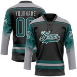 Custom Black Teal Gray-White Gradient Sleeves Lace Neck Hockey Jersey