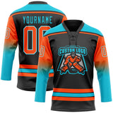 Custom Black Orange Lakes Blue-White Gradient Sleeves Lace Neck Hockey Jersey