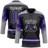 Custom Black Purple Gray-White Gradient Sleeves Lace Neck Hockey Jersey