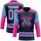 Custom Navy Light Blue Pink-White Gradient Sleeves Lace Neck Hockey Jersey