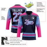 Custom Navy Light Blue Pink-White Gradient Sleeves Lace Neck Hockey Jersey