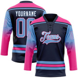 Custom Navy Light Blue Pink-White Gradient Sleeves Lace Neck Hockey Jersey