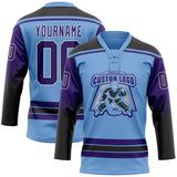Custom Light Blue Purple Black-White Gradient Sleeves Lace Neck Hockey Jersey