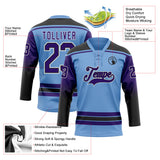 Custom Light Blue Purple Black-White Gradient Sleeves Lace Neck Hockey Jersey