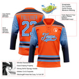 Custom Orange Light Blue Navy-White Gradient Sleeves Lace Neck Hockey Jersey