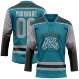 Custom Teal Gray Black-White Gradient Sleeves Lace Neck Hockey Jersey