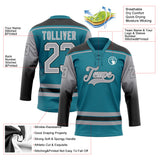 Custom Teal Gray Black-White Gradient Sleeves Lace Neck Hockey Jersey