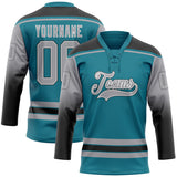 Custom Teal Gray Black-White Gradient Sleeves Lace Neck Hockey Jersey