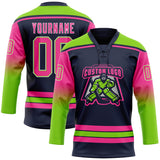 Custom Navy Pink Neon Green-White Gradient Sleeves Lace Neck Hockey Jersey